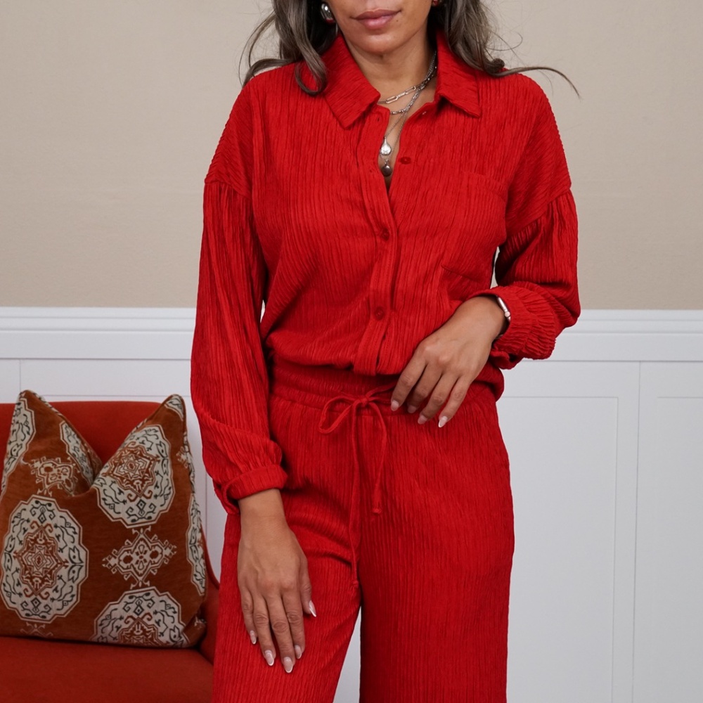 Amanda Crinkled Plisse Button Down Shirt Loungewear Set - Cranberry